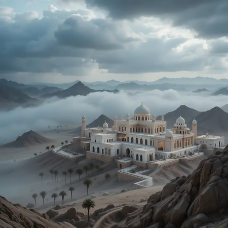 An impressive Islamic building sits atop a hill surrounded by mountains and swirling clouds Great for travel or architectural backgrounds.の素材