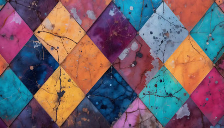 Abstract diamond pattern with a texture featuring cracks and splatters in vibrant colors making it suitable for design and backgrounds.の素材