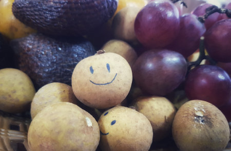Happy longan fruits surrounded by red grapes and salak create a cheerful and inviting image Perfect for food blogs and healthy eating websites.の写真素材