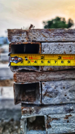 Close-up shows a tape measure on rusty metal tubing, highlighting its dimensions and weathered texture. This image is ideal for construction or industrial contexts.の写真素材