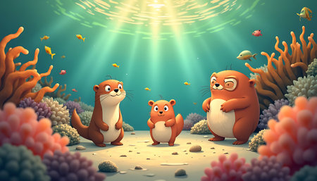 Adorable cartoon otters explore a vibrant underwater world filled with coral and shimmering sunlight, creating a playful scene perfect for children's illustrations.の素材