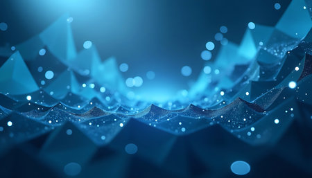 A modern abstract design with geometric shapes and bokeh lights creates a futuristic landscape in shades of blue It's ideal for technology and design concepts.の素材