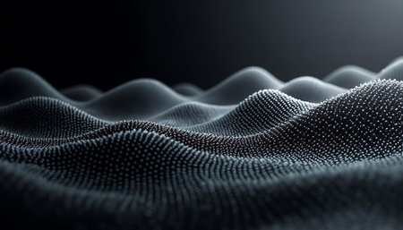 Monochromatic shot showing undulating waves formed by countless tiny spheres creating a subtle and moody abstract surface Perfect for technology or design backgrounds.の素材