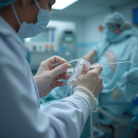 Close-up of a healthcare worker preparing an IV drip in a clinical environment, ready for a medical procedure and patient care in the hospital. Suitable for illustrating healthcare topics.の素材