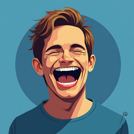 Illustrated image of a person joyfully laughing with closed eyes and open mouth showcasing strong positive emotions Use for depicting happiness or humor.の素材