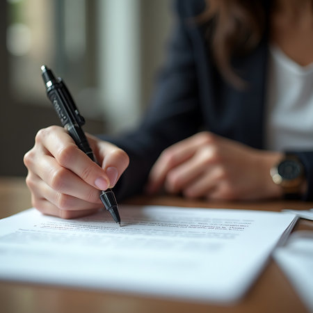 A hand holds a pen signing a document with a watch visible on the wrist, ideal for illustrating business or legal concepts.の素材