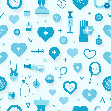 Seamless pattern of various health icons over light blue background creates a clean medical aesthetic Suitable for healthcare designs.の素材