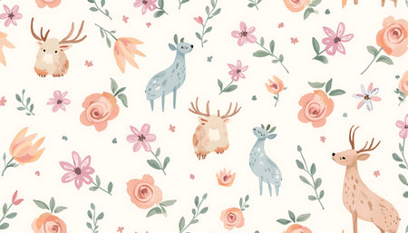 Seamless watercolor pattern featuring deer and floral elements against a light background ideal for textile or nursery design projects.の素材