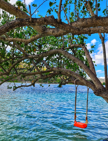 A bright orange swing hangs invitingly from a tree overlooking peaceful blue water offering a calming summer scene great for vacations and leisure.の写真素材