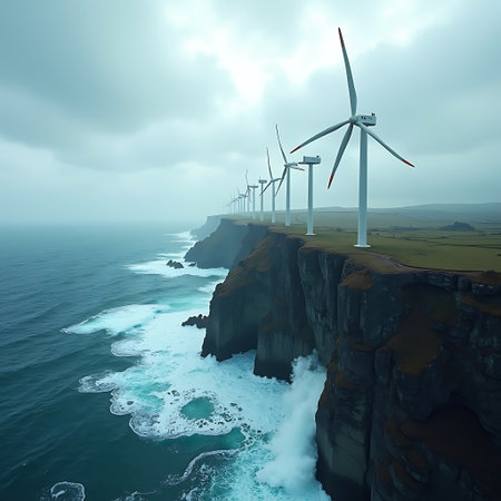 Row of wind turbines on a dramatic cliff overlooking the ocean generating renewable energy with waves crashing below This image is perfect for themes related to sustainability.の素材