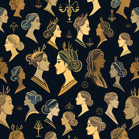 Elegant seamless pattern featuring female profile portraits and simple emblems in gold tones against a dark backdrop Great for sophisticated designs and backgrounds.の素材