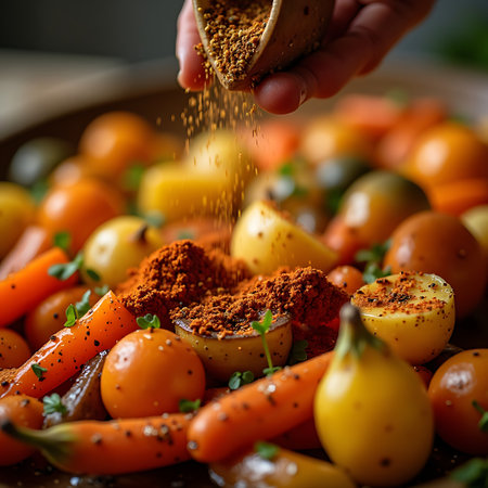 A hand sprinkles seasoning onto a colorful array of roasted carrots and potatoes, giving a tasty and appetizing meal preparation scene for culinary projects.の素材