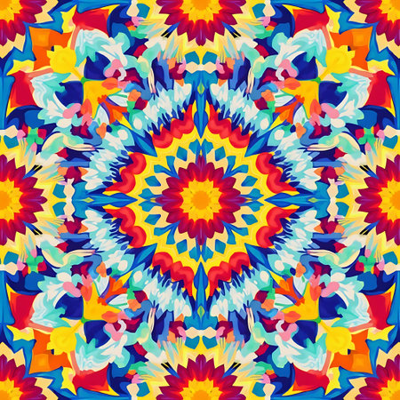 Vibrant kaleidoscope pattern featuring bold circular and floral designs in red, yellow, and blue colors, creating a visually striking and balanced arrangement great for backgrounds.の素材