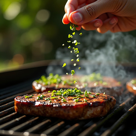 Hand sprinkling fresh herbs onto grilling meat adds flavor and visual appeal Perfect for summer cooking and food photography concepts.の素材
