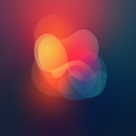 Modern abstract background features a gradient of warm and cool colors with overlapping, glowing shapes Perfect for creative projects and design elements.の素材