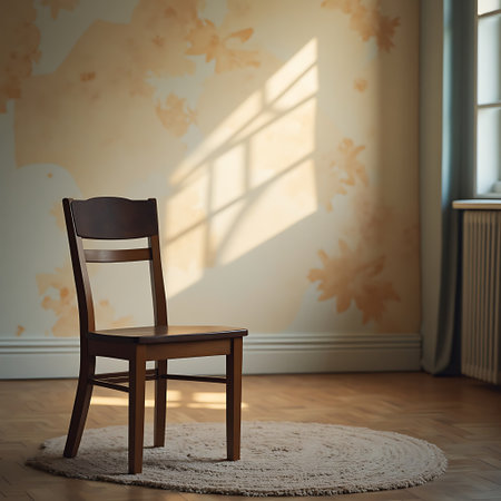A wooden chair sits invitingly on a round rug in a room illuminated by sunlight streaming through a window, perfect for interior design inspiration.の素材