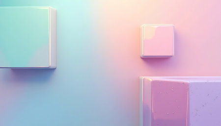 Geometric composition with floating cube shapes in pastel colors creates a soft and calming effect Ideal for backgrounds and graphic design projects.の素材
