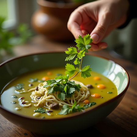 A hand is adding a sprig of fresh herbs to a bowl of warm soup with noodles, creating an inviting meal perfect for food photography.の素材