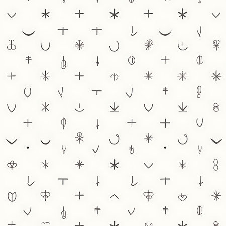 A repeating pattern of abstract symbols creates a minimalist and modern graphic design on a neutral background Use this as a backdrop or for artistic projects.の素材