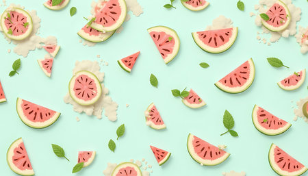 Bright watermelon slices and leaves arranged on a light blue backdrop evokes summer freshness Great for food or summer themed projects.の素材