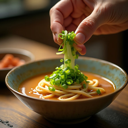 Hand adds fresh green onions as garnish to a bowl of noodle soup on a wooden table, perfect for cooking and food photography.の素材