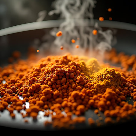 Bright orange spice powder steams as it is added to a pan, creating a flavorful culinary base for use in cooking and food photography.の素材