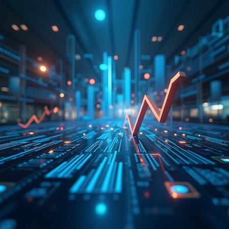 Red financial line showcases an upward trend against a complex blue tech circuit background, suggesting growth. Ideal for illustrating economic concepts and data visualization.の素材