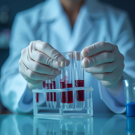 Hands in gloves hold blood-filled test tubes in a lab setting for medical research and analysis, showcasing precision and care Perfect for health and science visuals.の素材