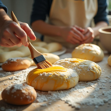 Hand applying egg wash with a wooden brush to dough sprinkled with flour creating a homey atmosphere Perfect for baking and food preparation.の素材