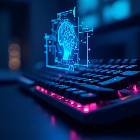 Data analysis is visualized on a screen above a computer keyboard with pink and blue lights creating a tech-forward atmosphere Perfect for technology and innovation projects.の素材