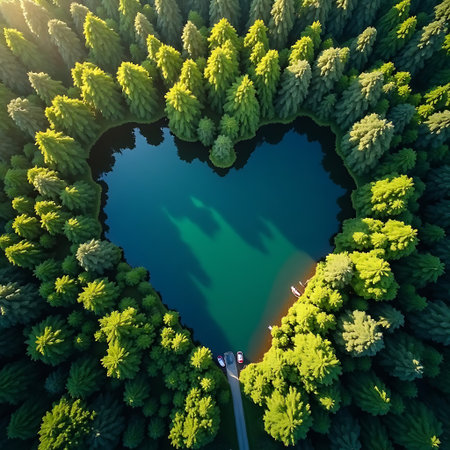 Overhead shot reveals a serene heart shaped lake nestled among dense trees offering a romantic and peaceful scene ideal for nature themed projects.の素材