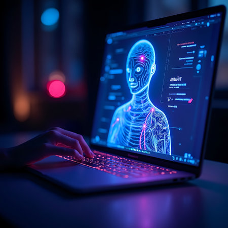A person is shown interacting with a laptop displaying a digital human anatomy model in blue light Ideal for healthcare and technology themes.の素材