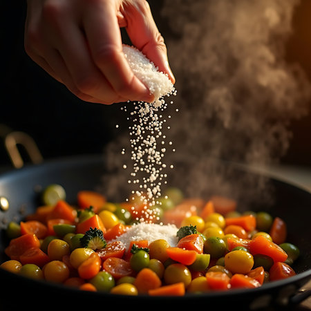 A hand sprinkles seasoning onto colorful vegetables cooking in a pan, steam rising to enhance the flavor Perfect for culinary and cooking concepts.の素材