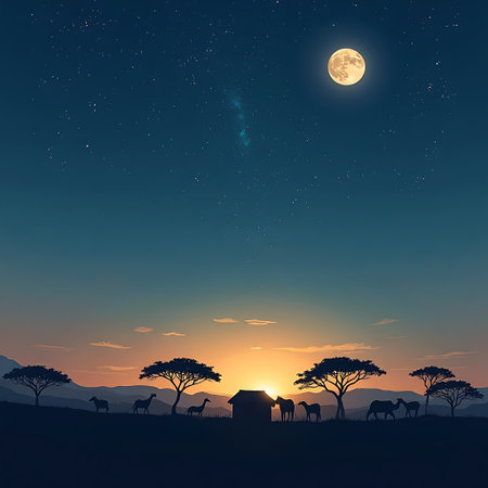 Peaceful African landscape features silhouetted animals and trees during sunset with a bright full moon Ideal for travel or nature themes.の素材