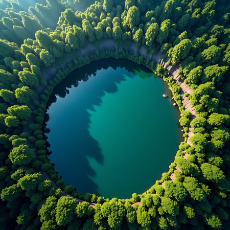 Bird's-eye view shows a round, blue lake encircled by a dense green forest, offering a sense of tranquility and natural beauty Perfect for nature and travel related projects.の素材