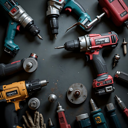 Several power drills and various tools are scattered on a dark textured surface creating a workshop atmosphere Ideal for construction or repair themed projects.の素材