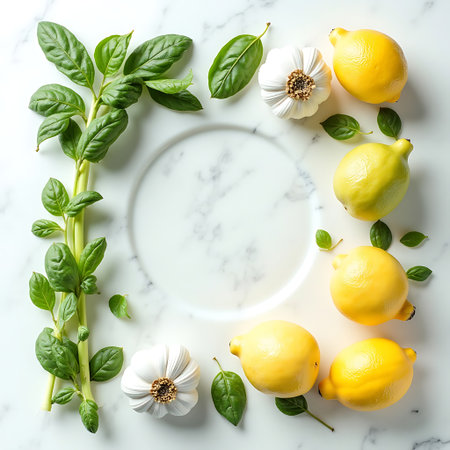 An assortment of fresh basil, garlic bulbs and lemons are arranged around a white space on a marbled surface, creating a culinary flat lay design for food content.の素材