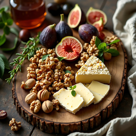 Eye-level shot featuring an arrangement of cheese figs and walnuts on rustic wooden board perfect for food photography projects and culinary content.の素材