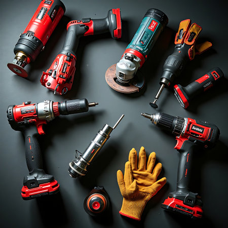Several power tools are arranged on a dark surface accompanied by work gloves, suitable for depicting repair work and equipment concepts.の素材