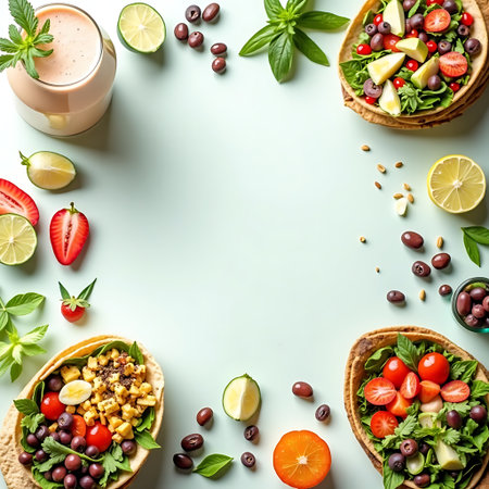 Fresh food ingredients are arranged on a light background including smoothie, tacos, fruits and olives for a healthy recipe concept Use this for food blogs or recipe creation.の素材