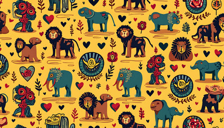 Seamless pattern of lions and elephants with floral motifs and heart elements against a vibrant yellow background is ideal for stationery and textile projects.の素材