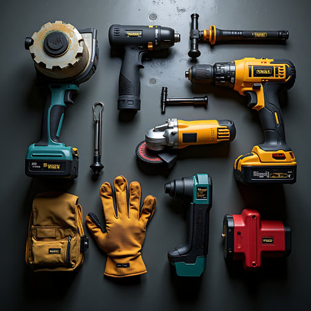 Overhead shot of an assortment of power tools including drills, grinder, and a glove neatly arranged on a dark surface Great for construction or handyman related content.の素材