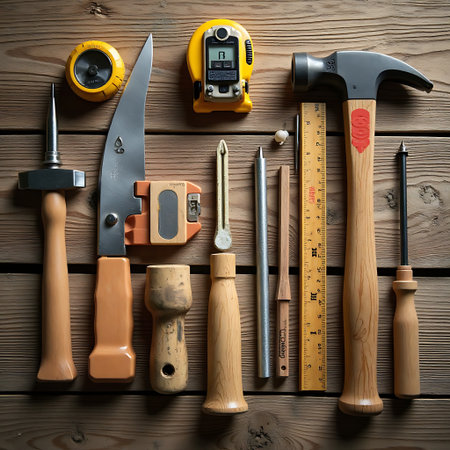 Overhead shot of carpentry and woodworking tools including a hammer, saw, and measuring devices laid out on a wood plank surface Use it for craft and construction projects.の素材