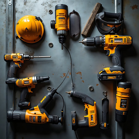 Overhead shot of various power tools, hard hat and safety glasses arranged on a metallic surface Ideal for construction or home improvement concepts.の素材