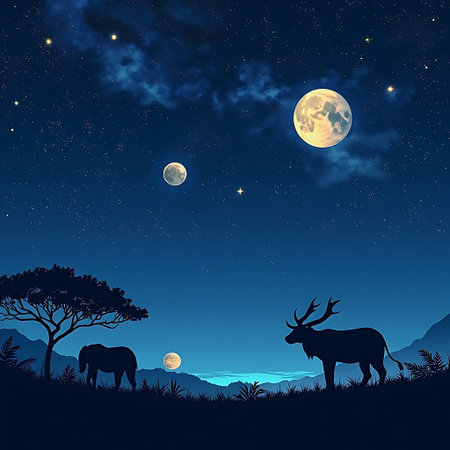 Silhouette of an elephant and moose grazing under the moonlight and stars offering a peaceful, scenic backdrop perfect for nature or wildlife themes.の素材