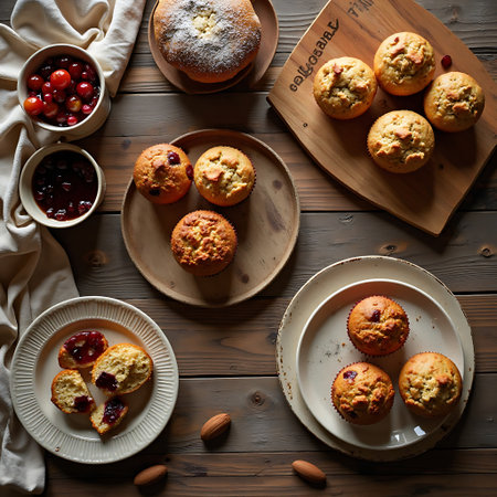 Overhead shot displays muffins, bread, and jam arranged on rustic wooden table creating inviting food still life Use for food blogging or baking concept.の素材