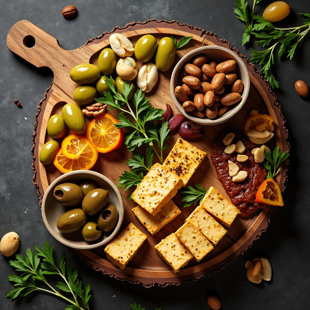 Overhead view of a wooden charcuterie board with olives, crackers, nuts and dip, garnished with herbs Perfect for culinary content.の素材
