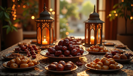 Festive table setting with dates in dishes and glowing lanterns creates warm mood Perfect for cultural or holiday background.の素材