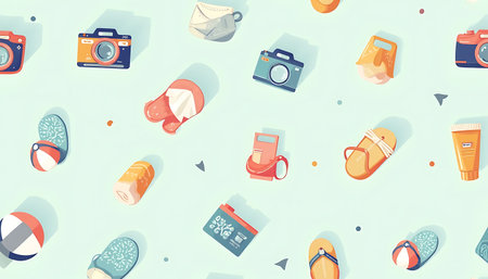 Colorful summer vacation items are arranged in a seamless pattern, suitable for backgrounds and travel related projects.の素材