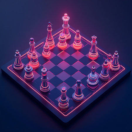 A chess board with pieces, glowing with neon lights in a futuristic design Perfect for strategy games and design concepts.の素材